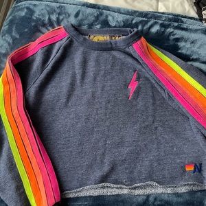 Aviator Nation Bolt Embroidery Cropped Sweatshirt Heather/Navy // Neon Stripes